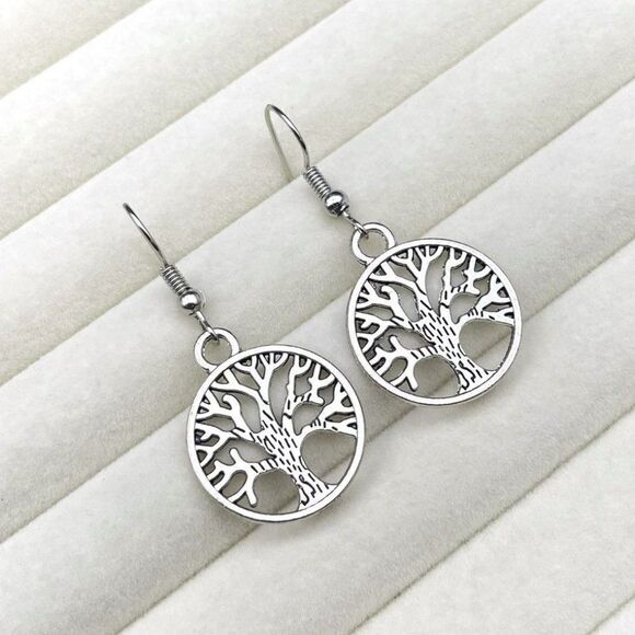 Silver Round Boho Style Intricate Tree of Life Dangling Drop Hook Earrings - Picture 5 of 9